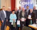 Bild: bkr
CSU-Ortsvorsitzender Lothar Porst, Europa-Kandidat Christian Doleschal (hinten von rechts), Kreisvorsitzender Tobias Reiß, stellvertretender Bezirkschef Andreas Meier und stellvertretender Landrat Roland Grillmeier ehren Hermann Melzner, Hermine Heinl, Martin Bauer, Josef Hecht, Alois Schönfelder und Heinrich Thurn (von links) für jahrzehntelange Treue.