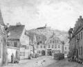 Bild: exb
Der „Türkenwirt“ am oberen Ende der (heutigen) Bahnhofstraße vor 1859.