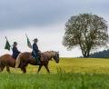 Bild: Armin Weigel
Teilnehmer des Kötztinger Pfingstritts reiten mit ihren Pferden durch die Landschaft.