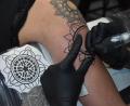 Bild: lue
Präzise geht Tätowiererin Katja jede Linie und jeden Punkt an. Sie verewigt ein Mandala auf dem rechten Oberarm einer Kundin im "Creation of Art" Tattoo-Studio in Erbendorf.