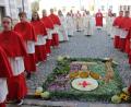 Bild: kro
Vor der Basilika hatten Mitglieder des Pfarrgemeinderats einen schönen Blumenteppich gelegt.Daran vorbei zogen Ministranten, Ordensschwestern und die Geistlichen in die Basilika ein.