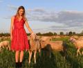 Bild: Felix Hörhager
Das Wiesn-Playmate 2019, Stella Stegmann, steht in der Abendsonne auf einer Wiese zwischen Schafen. Foto: Felix Hörhager/Archivbild