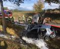 Bild: dob
Ein junger Mann schlägt nach einer Wespe und kommt von der Fahrbahn nach links ab und prallt an einen Baum. Das Fahrzeug brennt total aus.