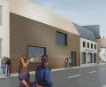 Bild: Büro H2M/exb
So könnte die neue Fassade vom Museumsquartier her Richtung Dammstraße aussehen. Im Fenster der Kupferkessel der Schaubrauerei.