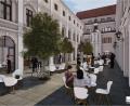 Bild: Bauart GmbH
In den „Drei Höfen“, wie das neue Projekt von Bauart fürs Forum heißt, bleibt natürlich auch der Innenhof erhalten, der sich in dieser Animation mit Gastronomie, Bestuhlung und Begrünung schon mal attraktiv zeigt.