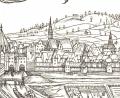Bild: exb
Ein Ausschnitt aus der Zeichnung von Hans Ludwig Kandlpaldung aus dem Jahr 1583: Auf dem Berg ist der Doppel-Galgen mit zwei Gehenkten zu erkennen (Quelle: „Alte Amberger Ansichten“, Buchhandlung Liereth).