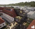 Grafik: Bauart Amberg
Eine tolle Dachlandschaft entsteht da im rückwärtigen Bereich der Drei Höfe. Diese Bezeichnung trägt künftig das ehemalige Kaufhaus Forum, das die Amberger Bauart in eine Mischung aus Einkaufspassage samt 90-Zimmer-Hotel umbaut.