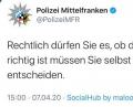 Screenshot: witter.com/PolizeiMFR
Die Polizei Mittelfranken hat mit einer Antwort per Twitter einen Internethit gelandet. Screenshot: