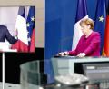 Bild: Kay Nietfeld/dpa
Bundeskanzlerin Angela Merkel (CDU) und Frankreichs Präsident Emmanuel Macron, per Video zugeschaltet, geben nach einer gemeinsamen Videokonferenz eine Pressekonferenz. Ein Thema war die Corona-Pandemie und deren Folgen.