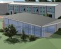 Archivbild: exb
So könnte es aussehen, wenn es fertig ist: Die Nordansicht der Schulschwimmhalle an der Altenstädter Straße mit ihrer großen Fensterfront. Im Hintergrund ist die bestehende Doppelsporthalle zu sehen.