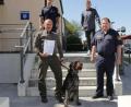 Bild: Polizeiinspektion Waldsassen/exb
Markus Häuslmann und sein Hund „Finn“ erhielten von Erstem Polizeihauptkommissar Roland Heldwein (vorne rechts) eine Urkunde und einen Geldbetrag. Auch die Polizeioberkommissare Stefan Heinz (hinten rechts) und Daniel Ulrich (hinten links) gratulierten.