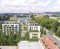 Bildmontage: exb/Immo VBOM
In unmittelbarer Nähe zur Max-Reger-Halle (rechts) und direkt am Stadtzentrum Weidens wird das Quartier "Neue Naabwiesen“ das künftige Stadtbild prägen. In fünf Gebäuden entstehen bis 2022 mehr als 100 Wohnungen und Geschäftsräume.