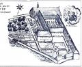Bild: exb
Das einstige Franziskaner-Kloster. Zu erkennen ist auf der Zeichnung von Otto Schmidt auch die Kirche mit Dachreiter.