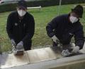 Bild: fppp
Egerländer packen an: Bundesvüarstäiha Volker Jobst (links) und Vüarstäiha Helmut Hahn reinigen die Bronzeplatten am Egerland-Brunnen. Hier dienen die Masken mal nicht dem Infektionsschutz, sondern halten den Schleifstaub von Mund und Nase fern.