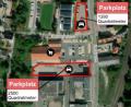 Grafik: Maps4News
Die Grafik zeigt im Norden an der Ecke Ramgraben/Austraße den Parkplatz am einstigen Danhauser-Baustoffmarkt mit circa 50 Plätzen. Neu ist die Parkfläche am ehemaligen Baywa-Gelände hinzugekommen, die im Süden an Netto angrenzt und Platz für mindestens 100 Autos bietet.