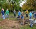 Bild: fdl
Mitglieder der Kindergruppe Naturkids pflanzen zusammen mit ihren Leiterinnen Sabine Siegert (hinten links) und Tanja Schumann (hinten rechts) sowie der Vorsitzenden Marion Schlosser (hinten Mitte) Bäume.