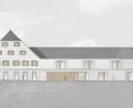 Bild: Architekturbüro &quot;Brückner &amp; Brückner&quot;
Der Plan zeigt das „Rathaus II“, wie es in der Ansicht von der Kirche aus gesehen geplant ist. Der sanierte Altbau erfährt durch bodenlange Fenster im Erdgeschoss und Fensterläden im Obergeschoss ein Aufwertung.