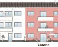 Grafik: Architektur- und Ingenieurbüro Schultes/exb
Auf der Südseite des Mehrfamilienwohnhauses werden sich einmal die Balkone befinden, die zu jeder Wohnung in den beiden oberen Stockwerken gehören.