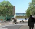 Grafik: Büro UmbauStadt/exb
Blick in die Zukunft: Wo sich heute der Bahnübergang in der Georgenstraße befindet, soll es nach dem Bau der Umgehung nur noch eine Unterführung für Fußgänger (hier der Zugang) und Radfahrer geben.