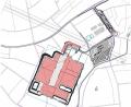 Bild: Stadtbauamt
In vier Abschnitte gliedert sich der Bau des Logistikzentrums, das von Norden über die WUN 14 erschlossen wird. Der erste Bauabschnitt ist der linke Teil des rot schraffierten Trakts, der zweite orientiert sich nach Süden, Abschnitt drei ist rechts im Bild, während der kleine gebogene Part zum Schluss realisiert werden soll. Zwischen Edeka und Erschließungsstraße (rechts im Bild) befindet sich das Bauunternehmen Rupprecht. Skizze: Stadtbauamt