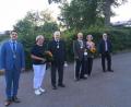 Bild: ihl
Bürgermeister Rudolf Teplitzky (links) und dessen Stellvertreter Egbert Völkl (rechts) hielten die Laudationes für den neuen Ehrenbürger Karl-Heinz Stoppa (Dritter von links) mit Ehefrau Gerti und den Träger der Goldenen Bürgermedaille Hubert Teplitzky (Dritter von rechts) mit Ehefrau Barbara.