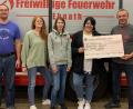 Bild: soj
Kommandant Gerhard Horn (rechts) und stellvertretender Feuerwehrvorsitzender Florian Pöllath (links) freuen sich über die Spende der Jungen Union Ebnath, die Vorsitzende Antonia Ritter mit Anna Ritter und Sonja Söllner (von rechts) überreichten.