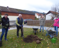 Bild: Angelika Lang-Salzl/exb 
Die Vorstandsmitglieder Stilla Schierdewahn, Hans Köppl, Petra Scharf und Sandra Schiesl (von links) pflanzen vor der Schule einen Apfelbaum.