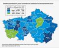 Grafik: Marina Gube
Jed dunkler das Blau, desto größere Bevölkerungsverluste werden den Gemeinden vorausgesagt. Im grünen Bereich liegen nur drei Kommunen.