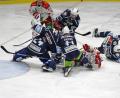 Archivbild: gb
Die Blue Devils treffen am Wochenende auf die Eisbären Regensburg und den HC Landsberg. Das Bild zeigt eine packende Szene aus dem ersten Oberpfalzderby gegen die Eisbären, das die Blue Devils im Oktober mit 5:4 nach Penaltyschießen gewannen.