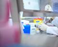 Bild: Sebastian Gollnow
Eine Frau zeigt in einem Labor einen Test für das Coronavirus.