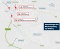 Grafik: Romy Maderer, Oberpfalz-Medien
Die Westumgehung Kümmersbruck trifft auf Amberg. Verkehrsexperten gehen von drei Knotenpunkten aus, wo sich der Verkehr stauen wird.