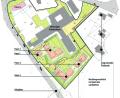 Grafik:  Martin Zimmer - NT/AZ; Quelle: Architektur Pfaller
Der öffentlich ausliegende Bebauungsplan für das ehemalige Krankenhausareal in Neustadt sieht fünf neue Gebäude rund um die ehemalige Klinik vor.