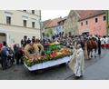 Bild: aub
Am Unteren Markt in Nabburg wurde der von einem Pferdegespann gezogene Erntewagen von Pfarrer Hannes Lorenz gesegnet. Danach zog die Prozession hinauf zur Pfarrkirche.