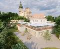 Grafik: Architekturbüro Zunner Amberg
Im Hintergrund links unterhalb der Bergkirche zeigt die Visualisierung das geplante Hotel, das sich an den Hang neben der Freitreppe schmiegt, wobei die aus dieser Perspektive gezeigten Fronten wie ein Mauerwerk wirken, aber tatsächlich keines sind, sondern sie bestehen aus Holzlamellen. Im Vordergrund in der Mitte ist der Unterbau mit dem Saal zu sehen, der auf seinem Dach auch mehr Platz für eine größere Terrasse mit dem tollen Blick auf die Stadt schafft.