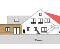 Bild: Architekturbüro Götzer, Nittenau/exb
Ansicht des erweiterten und sanierten Kindergartens nach dem beschlossenen Entwurf mit eingeschossigem Anbau links und Schleppgaube rechts.