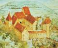Repro: wku
Diese Darstellung zeigt das Schloss Königstein im 16. Jahrhundert mit zwei Türmen, dem Torhaus, der Wehrmauer und der Schlosskapelle (rechts unten). Ein hölzerner überdachter Gang führte vom Schloss in die Herrschaftsempore der Kirche.