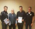 Bild: Bild: Tobias Michl/exb
Mit Albert Bergmann, Bernd Fuhrich und Michael Fröhlich (von links) ehrte Spartenleiter Achim Neupert (ganz rechts) drei langjährige, verdiente Funktionäre der DJK-Fußballer.