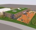Grafik: Obel-Architekten, Donauwörth
Die neue Realschule (links in Weiß die Sportstätten) nach einem früheren Entwurf der Obel-Architekten.
