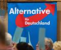 Bild: Stefan Sauer/dpa/Archivbild
Auf einem AfD-Parteitag hängt ein Plakat mit dem Schriftzug „Alternative für Deutschland“.
