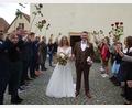 Bild: bk
Lukas Bäumler und Rebecca Luber schreiten nach ihrer Hochzeit durch das Rosenspalier ins Eheglück.