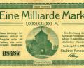 Repro: Giesecke+Devrient Stiftung Geldscheinsammlung 
Die Milliarde mit dem Wingershofer Tor - einer der Notgeldscheine, die vor 100 Jahren gedruckt wurden.