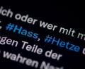 Symbolbild: Fabian Sommer/dpa
Auf dem Bildschirm eines Smartphones sind die Hashtags Hass und Hetze in einem Twitter-Posting zu sehen.