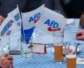Bild: Daniel Löb/dpa
Beim Politischer Aschermittwoch der AfD stehen Fahnen der Partei auf dem Biertisch. Der Verfassungsschutz warnt vor Vernetzung der Partei mit Rechtsextremisten