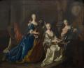 Bild: Reiss-Engelhorn-Museen Mannheim /exb 
Ein Gemälde (Öl auf Birnbaum) von Jan Philips van der Schlichten von 1742/43. Dargestellt sind die drei Schwestern und Sulzbacher Prinzessinnen beim Musizieren: (von links) Maria Anna (mit Laute), die älteste Schwester und spätere Kurfürstin Elisabeth Auguste (am Spinett) sowie Franziska Dorothea, die jüngste. Im Hintergrund an der Wand Porträtmedaillons bzw. Büsten Karl Theodors und Clemens Franz de Paulas, der Ehemänner der beiden älteren Prinzessinnen.