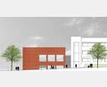 Bild: Winkler Architekten/exb
Das neue Gebäude für den Sitzungssaal und Besprechungsräume (rot) soll an den neuen Trakt des Landratsamts (rechts) anschließen. Der Entwurf zeigt die Ansicht von der Schwimmbadstraße aus.