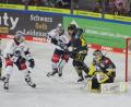 Bild: Samla
Elias Pul (Mitte) und Neal Samanski (Zweiter von links) von den Blue Devils Weiden belagern in dieser Szene das Tor der Krefeld Pinguine.