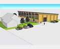 Grafik: Peter Velme/Roland Richter
Der Entwurf für die "Hammerrang-Arena", eine Halle mit Kunstrasen: Das Gebäude wird hinter dem Sportheim (links) stehen. Im Vordergrund bleibt der große Parkplatz.