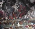 Bild: mor
Im Sitzungssaal des Rathauses hängt das Bild „Grafenwöhr in Flammen“. Der geborene Grafenwöhrer Norbert Richter-Scrobinhusen malte es aus dem Gedächtnis. Es zeigt die Ansicht des 8. Aprils 1945 vom Birka aus über die Altstadt zum Lager.