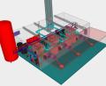 Bild: Planungsbüro Schredl
Das Bild visualisiert das künftige Heizhaus: Links im Bild ist der Pufferspeicher (rot), in der Mitte sind die drei Heizkessel, im vorderen Bereich die Federarme, die Hackschnitzel in die Kessel transportieren, im hinteren Bereich sind drei Kamine (türkis). Die roten und blauen Leitungen zeigen die Leitungen, die Wärme in das Nahwärmenetz speisen.