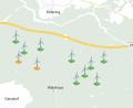 Bild: Franke Eichl/Oberpfalz-Medien
So sieht der Lageplan des Windparks aus. Die grün markierten Windräder stehen auf dem Gemeindegebiet von Kümmersbruck, die beiden orange markierten auf Ursensollener Seite.